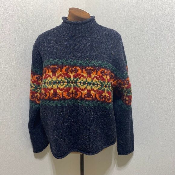 Vintage Newton Trading Company Wool Mock Neck Sweater Nordic Gray Orange Red Gre - Picture 1 of 7